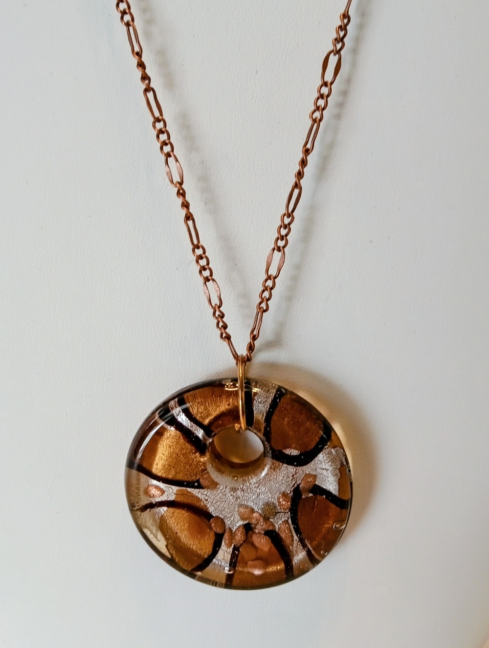 26" Murano Large Millefiori Lampwork Golden Glass Round Copper/Gold Figaro Chain